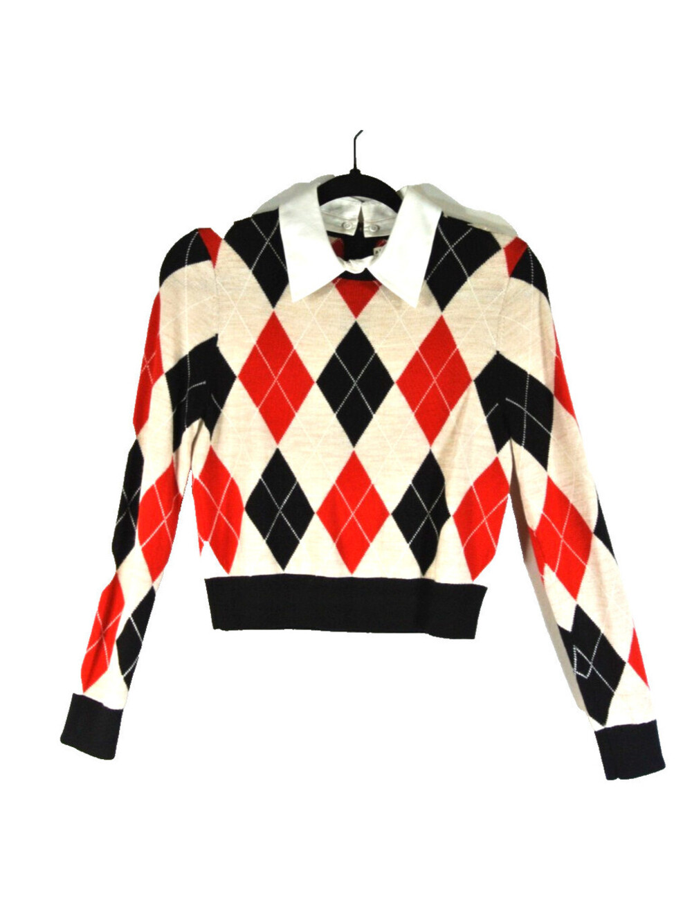 NEW,  Alice + Olivia Carolann Collared Cropped Argyle Sweater Sz S/P #S7710 - Picture 2 of 6